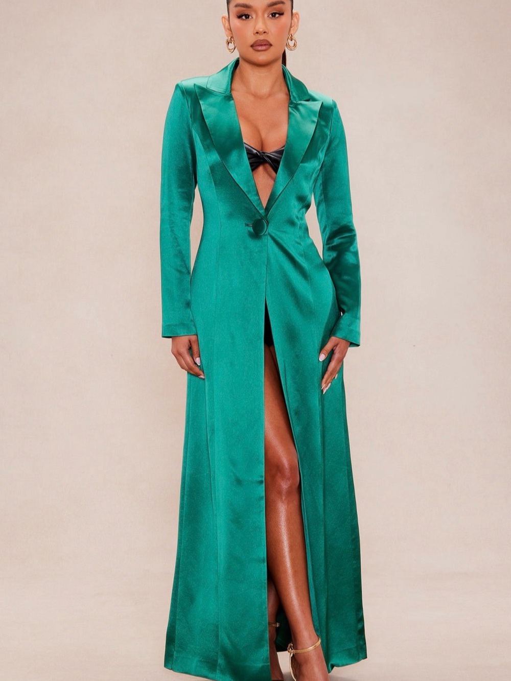 Fashion Nova Emerald Green Satin Long Blazer Coat